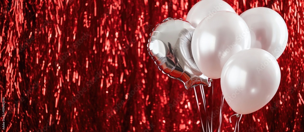 Poster silver foil number balloons on vibrant red tinsel background perfect for event greeting cards and ve