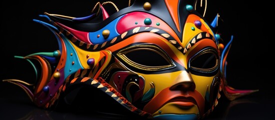 Fototapeta premium Colorful carnival mask featuring intricate designs and vibrant hues displayed against a dark background for a festive atmosphere.