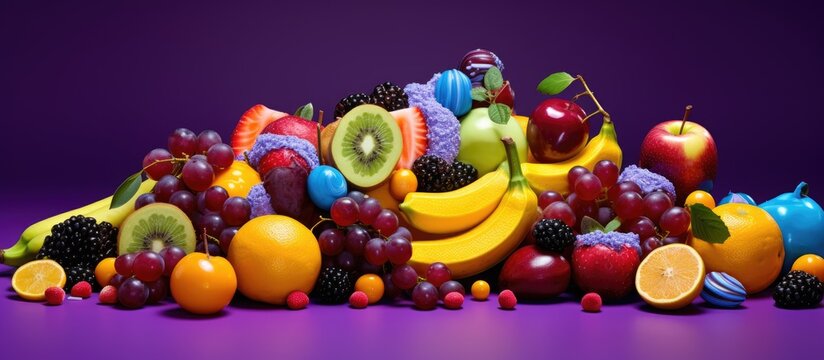 Vibrant assortment of fruits and candies beautifully arranged on a rich violet background for creative and colorful compositions.