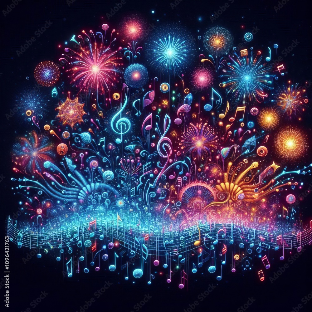 Poster fireworks notes explode in colorful firework like patterns