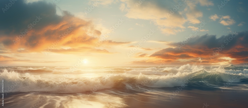 Aufkleber serene ocean beach at sunset with sunlit waves and colorful clouds reflecting in the tranquil waters