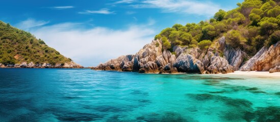 Fototapeta premium Serene turquoise sea waters lapping against rocky shores of a pristine tropical island with lush greenery under a clear blue sky