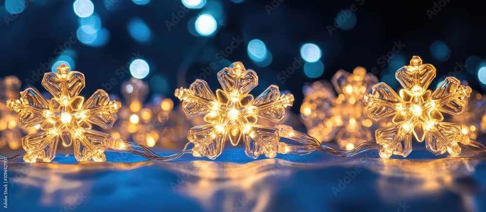 Poster glowing snowflake decorations illuminated against a deep blue backdrop with festive bokeh from light