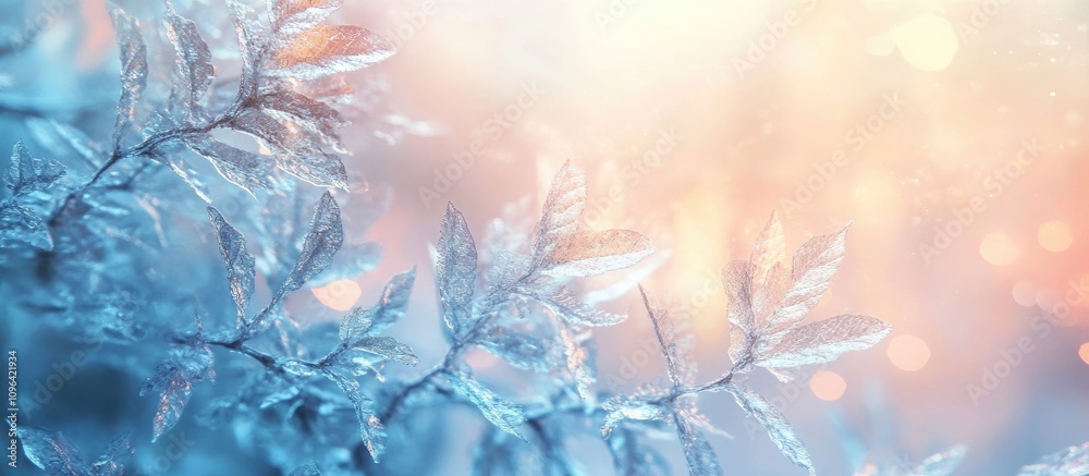 Poster Frosty window with delicate rime patterns illuminated by soft bokeh light creating a serene winter atmosphere