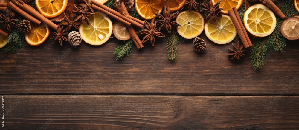 Poster natural zero waste wreath elements featuring dried oranges pine cones cinnamon sticks on a rustic wo