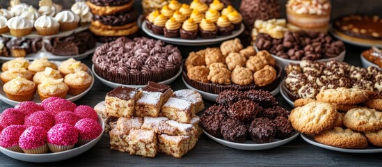 Festive dessert spread with assorted sweet cakes cookies and chocolate treats perfect for celebration catering events