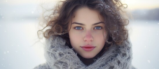 Winter woman portrait in snow with soft light showcasing natural beauty and serene winter atmosphere during a snowy day outdoors