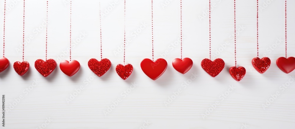 Poster red hearts decorated with beads hanging on strings against a clean white background for romantic or 