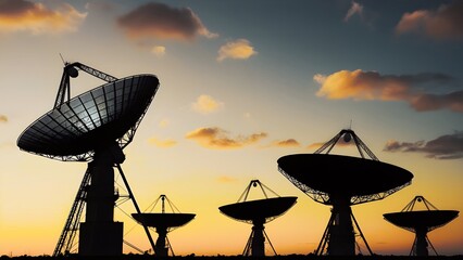 Radio Telescopes in Focus and Blur Beneath a Sunset Sky