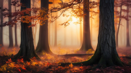 stunning autumn forest, bathed