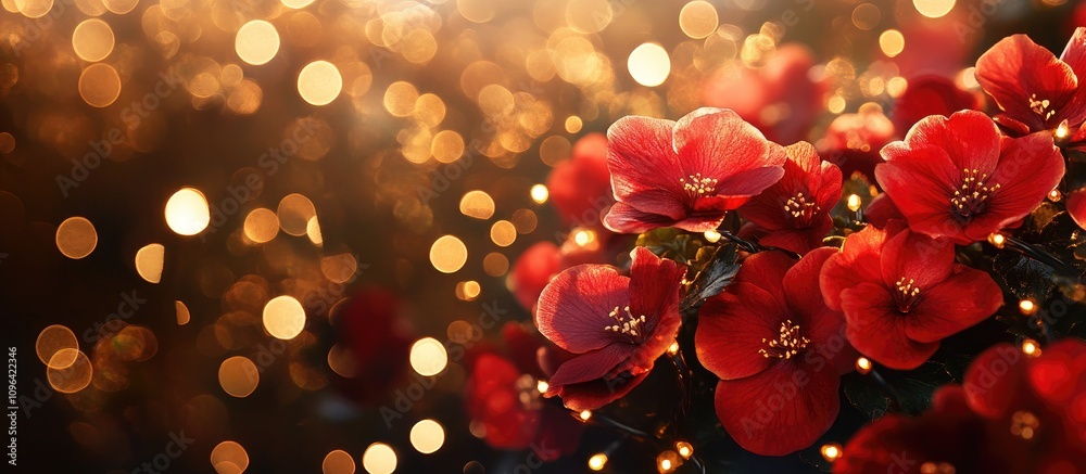 Poster festive new year and christmas backdrop with vibrant red begonia flowers illuminated by enchanting g