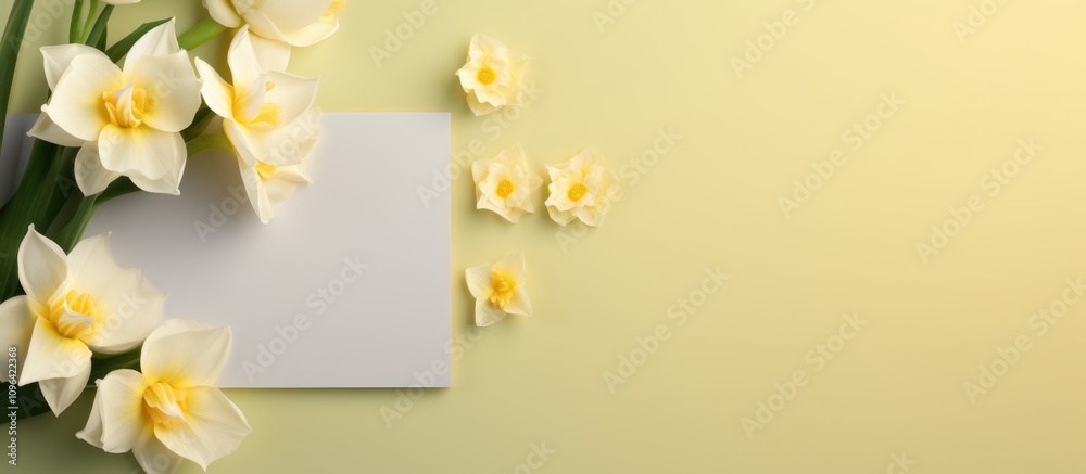 Poster Spring greeting card mockup with daffodil flowers and blank space for personalized messages on a soft gradient background