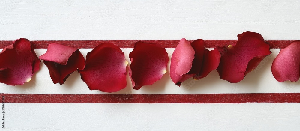 Poster rose petals elegantly aligned on a white surface with contrasting red stripes creating a romantic an