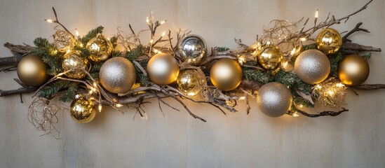 Traditional Christmas baubles in gold and silver on a natural branch wreath with glowing lights creating a festive holiday atmosphere
