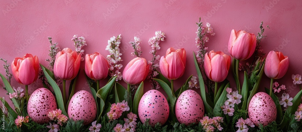 Poster spring pink tulips with decorative easter eggs and flowers on a soft pink background for a festive s