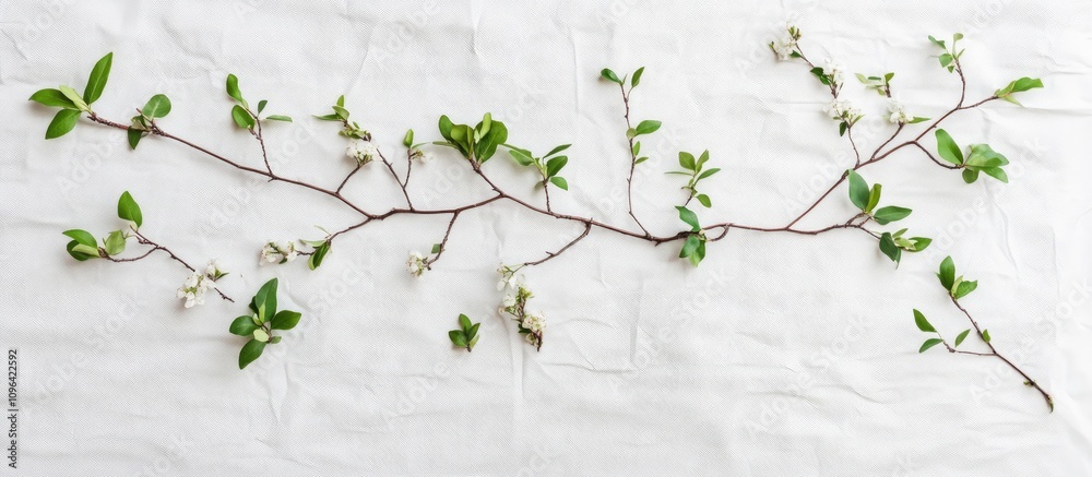 Aufkleber spring branches with delicate new leaves and blooms arranged on textured white paper for a fresh nat
