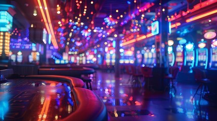 Blurry Nighttime View of a Vibrant Casino Game Table and Slot Machines