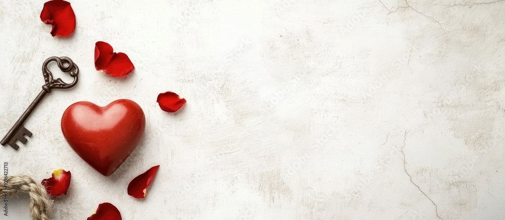 Poster heart key lock and rose petals on rustic background flat lay romantic theme with space for text eleg