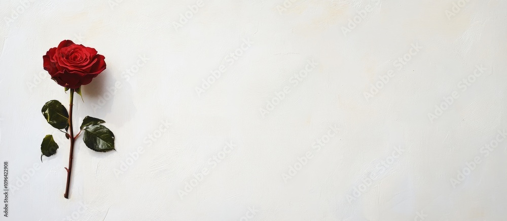 Aufkleber Romantic red rose on the left side of a white background with ample space for text showcasing love and elegance in a minimalistic design