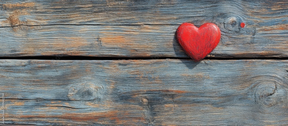 Poster red heart symbol on rustic wooden background with ample copy space for romantic themes and valentine