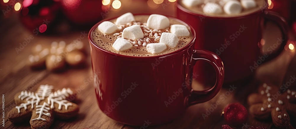 Poster festive red mugs with hot chocolate and marshmallows paired with gingerbread cookies creating a warm