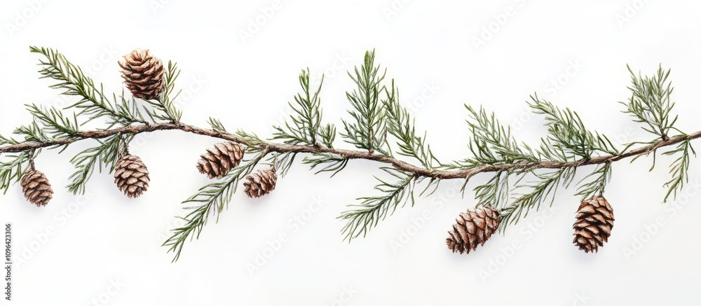 Poster spruce branch with cones isolated on a white background showcasing natural texture and seasonal elem
