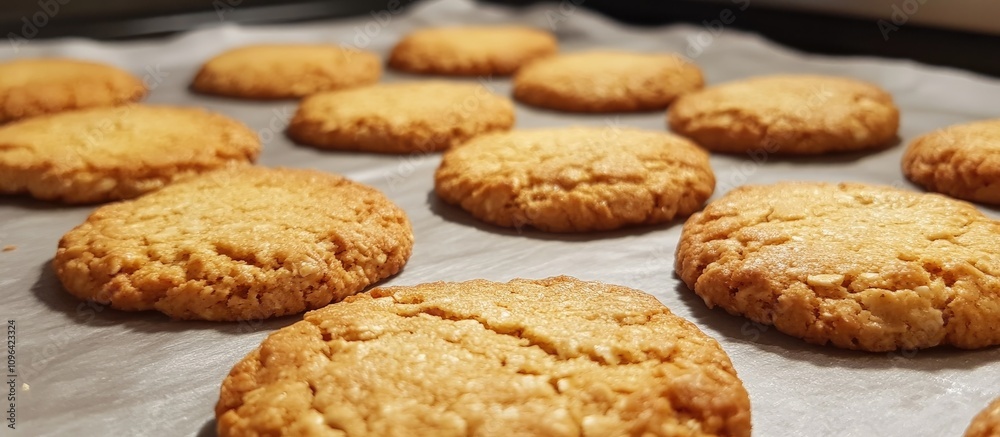 Poster rustic oatmeal cookies freshly baked on parchment paper with a golden brown texture and inviting app