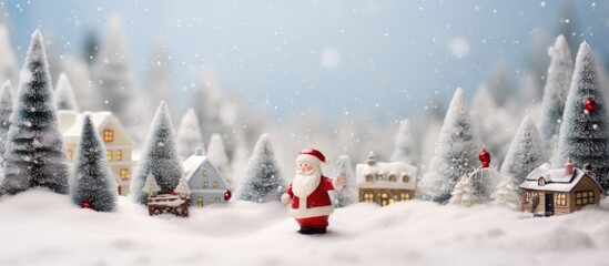 Miniature winter landscape with Santa Claus surrounded by snow-covered trees and festive houses perfect for holiday greeting cards