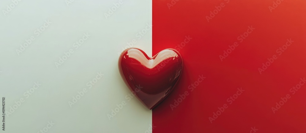 Poster red heart symbol centered on a red and white backdrop representing love and affection in a minimalis
