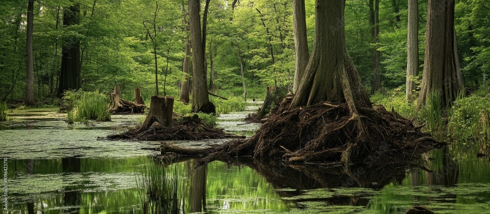 Poster lush forested pond with tree stumps surrounded by vibrant greenery and reflective water creating a s