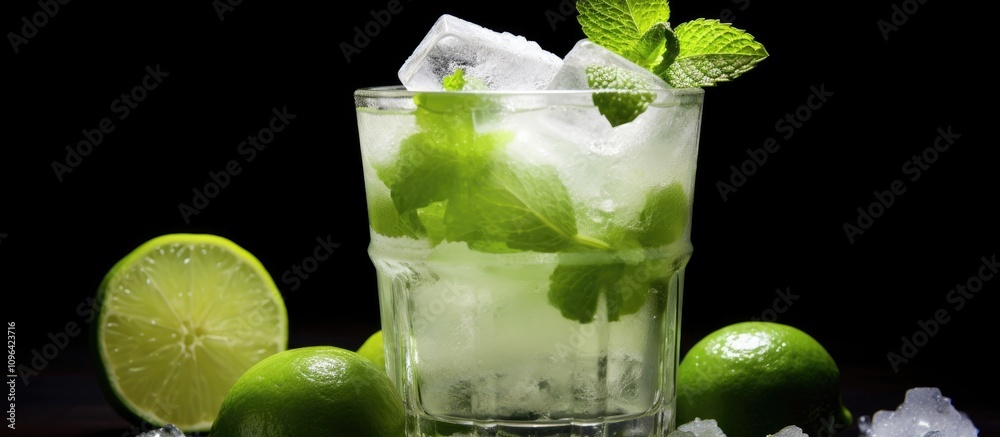 Poster refreshing mint lime cocktail with ice and vodka garnished with fresh mint leaves and lime slices on