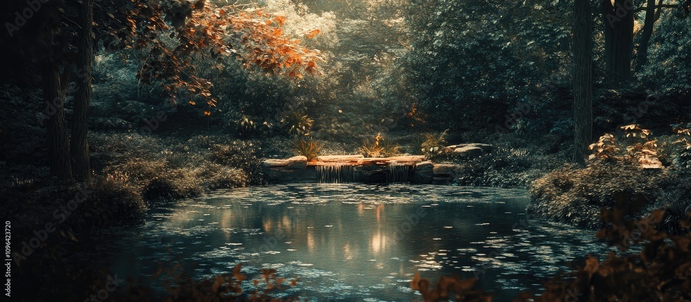 Poster serene forest pond at dusk with soft light reflecting on water surrounded by lush greenery and autum