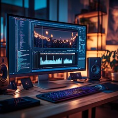 Creative workspace surrounded by editing tools and a cozy ambiance.