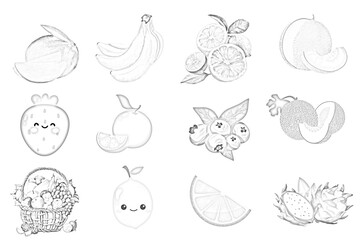 Set of berries and fruits, vegetables on a white background. Vector icon fruit and vegetables color icons set, fruit clipart, food icons set, sketch fruit icons set.