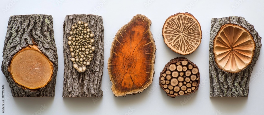 Poster Diverse natural textures and patterns from cross-sections of cut tree trunks and branches showcasing wood grain and bark details