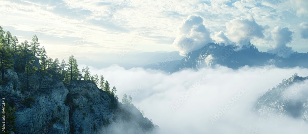 Aufkleber serene mountain landscape with lush trees and a cloudy sky creating a tranquil natural atmosphere in
