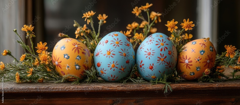 Poster rustic easter decoration with colorful painted eggs and vibrant spring flowers on a wooden surface c