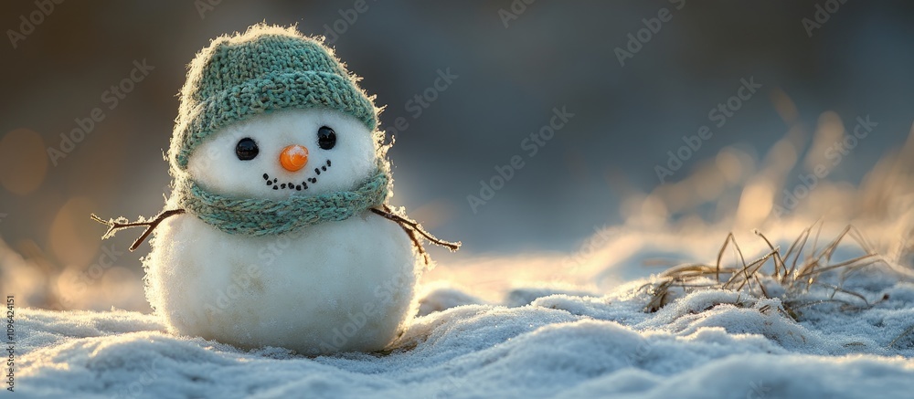 Poster charming snowman with a green hat nestled in textured snow on a hill during a serene winter day illu