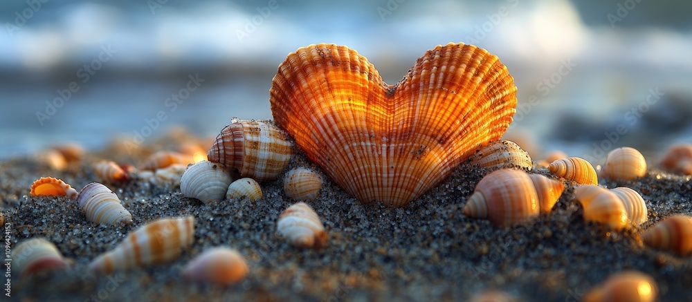 Aufkleber heart-shaped seashells on sandy beach with various shells and ocean waves in the background, capturi