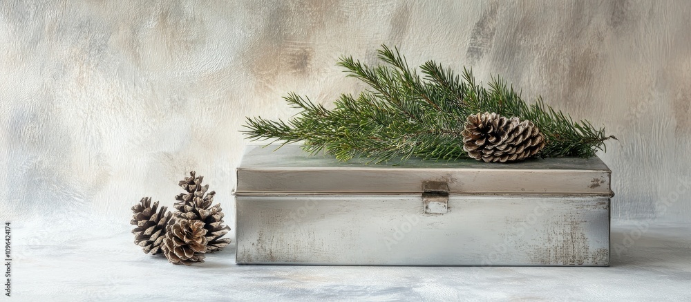 Aufkleber Silver box with juniper branches and pine cones arranged on a soft light backdrop for seasonal decoration and nature-inspired themes