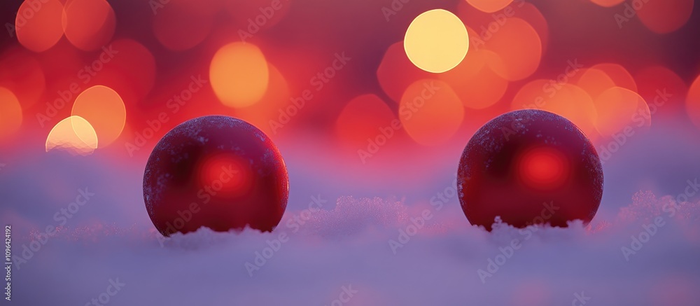 Poster red christmas ornaments resting on snow with a vibrant red bokeh background creating a festive holid