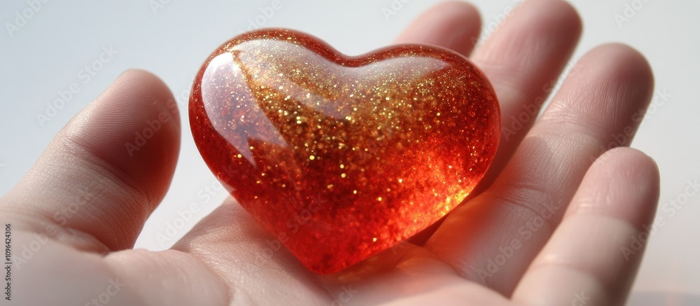 Poster red glass heart with glitter in a hand symbolizing love and warmth against a soft white background f
