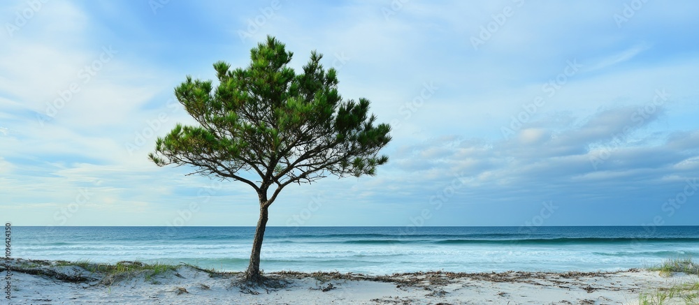 Aufkleber pine tree standing solitary on sandy beach with serene ocean waves and cloudy sky in the background 