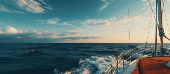 Serene coastal view from a boat showcasing vibrant sea and sky during sunset with gentle waves and peaceful atmosphere.