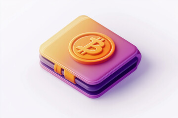a sleek bitcoin wallet with gradient hues of orange and purple featuring a bold bitcoin logo resting on a clean white background  

