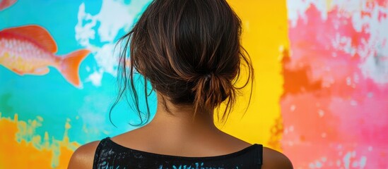 Colorful close-up of a woman's back with sticky paper featuring text and fish set against a vibrant, artistic background.
