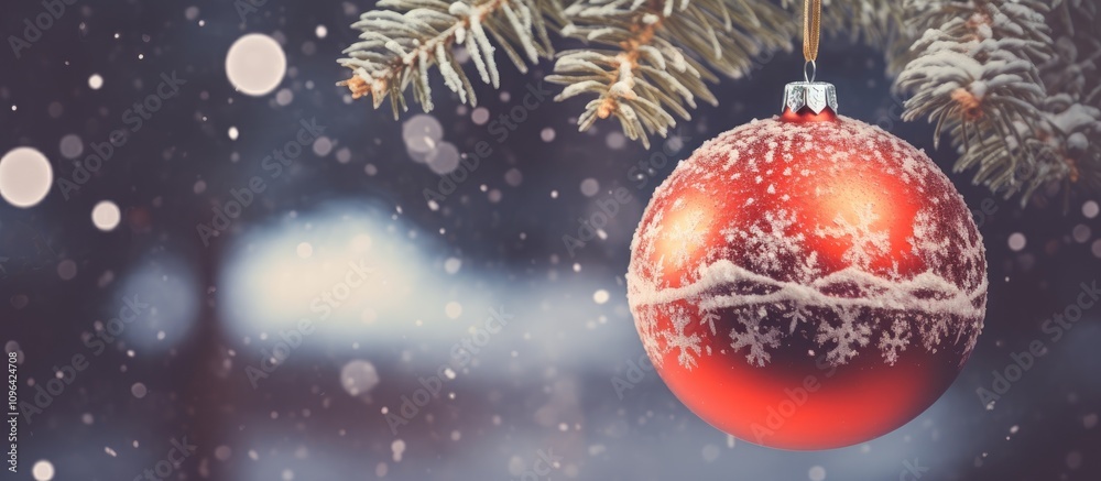 Poster red christmas ornament hanging on a snowy tree branch with a soft color filter creating a festive an