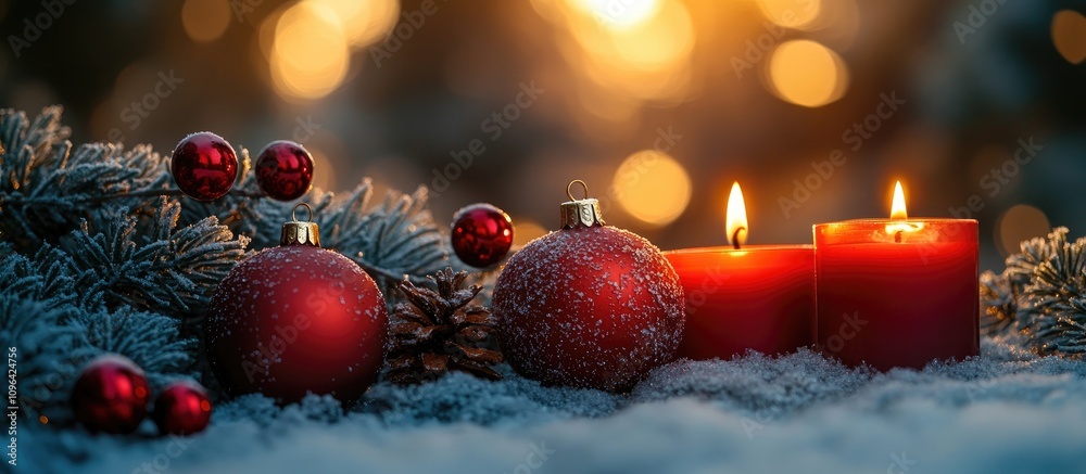 Poster festive new year decorations featuring red ornaments and candles glowing in a wintery snowy setting 