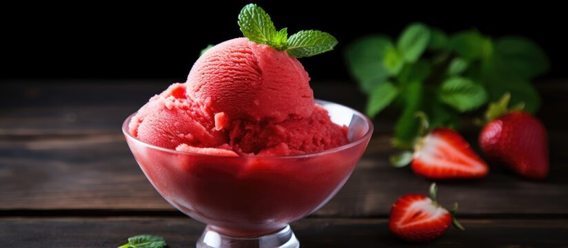 Delicious strawberry sorbet served in a glass bowl garnished with mint leaves on a dark wooden background with fresh strawberries