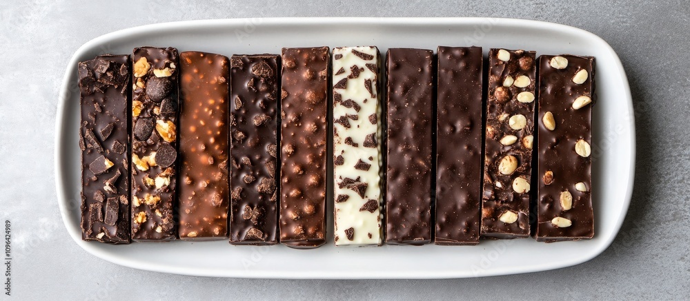 Poster assorted chocolate bars arranged on a white platter against a textured grey background showcasing a 